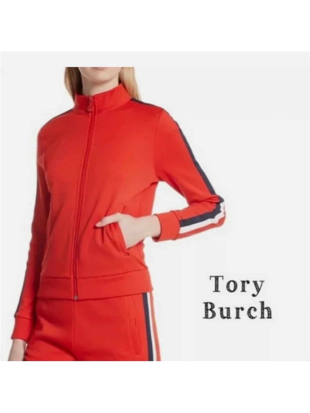 Tory Burch Red Zip Track Jacket with Navy and White Sleeve Stripes